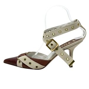 Dior Galliano Era 2002 Canvas Leather Grommet Heels Slingback 38.5